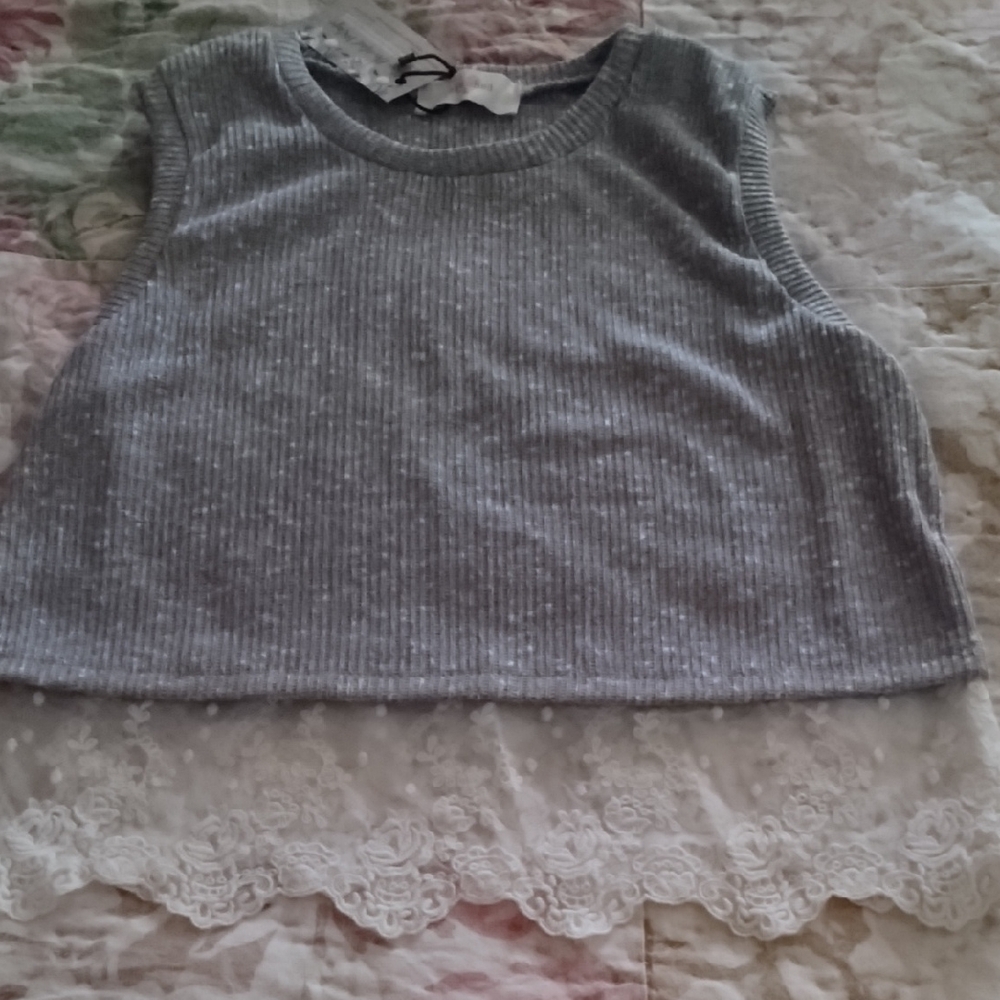 Blushed  Gray Knit Tank Top with Lace Hem Size L
